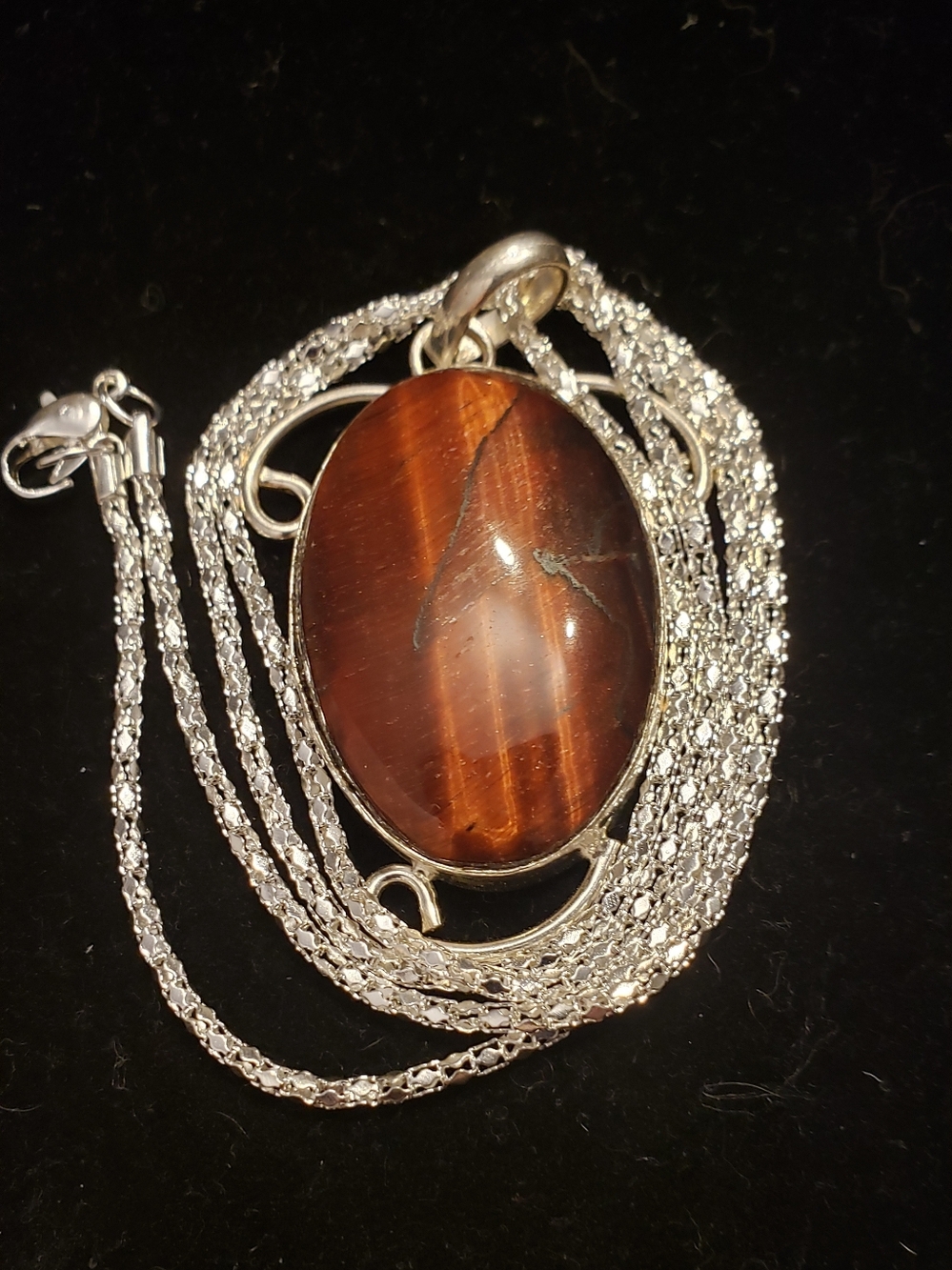 NEW Red Tiger's Eye Oval Pendant Set In Silver On Silver Chain-2" Stone W/Silver